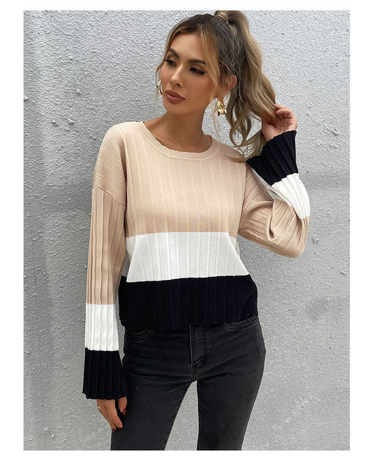 2022 autumn and winter new products in Europe and America loose color matching round neck long-sleeved knitted sweater