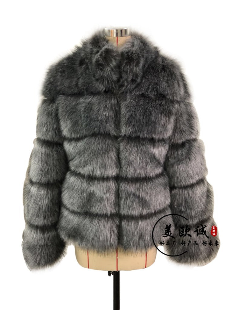 Haining Fur Manufacturer Wholesale Imitation Fox Fur Coat Long Sleeve Short Round Neck Belt Korean Style Cardigan For Women Plus Size
