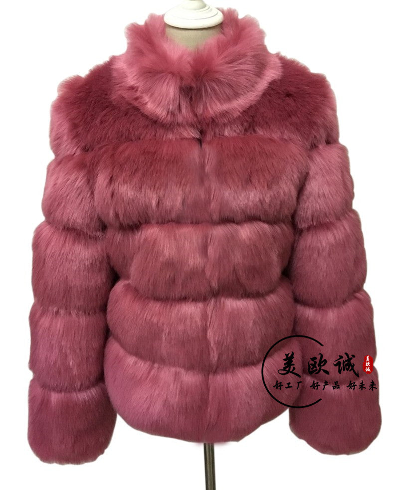 Haining Fur Manufacturer Wholesale Imitation Fox Fur Coat Long Sleeve Short Round Neck Belt Korean Style Cardigan For Women Plus Size