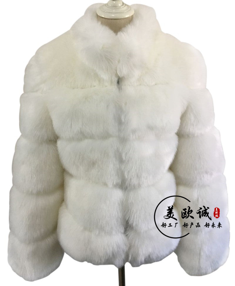 Haining Fur Manufacturer Wholesale Imitation Fox Fur Coat Long Sleeve Short Round Neck Belt Korean Style Cardigan For Women Plus Size