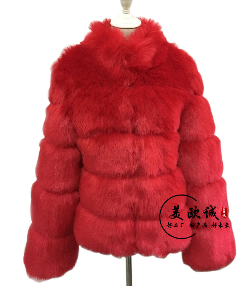Haining Fur Manufacturer Wholesale Imitation Fox Fur Coat Long Sleeve Short Round Neck Belt Korean Style Cardigan For Women Plus Size