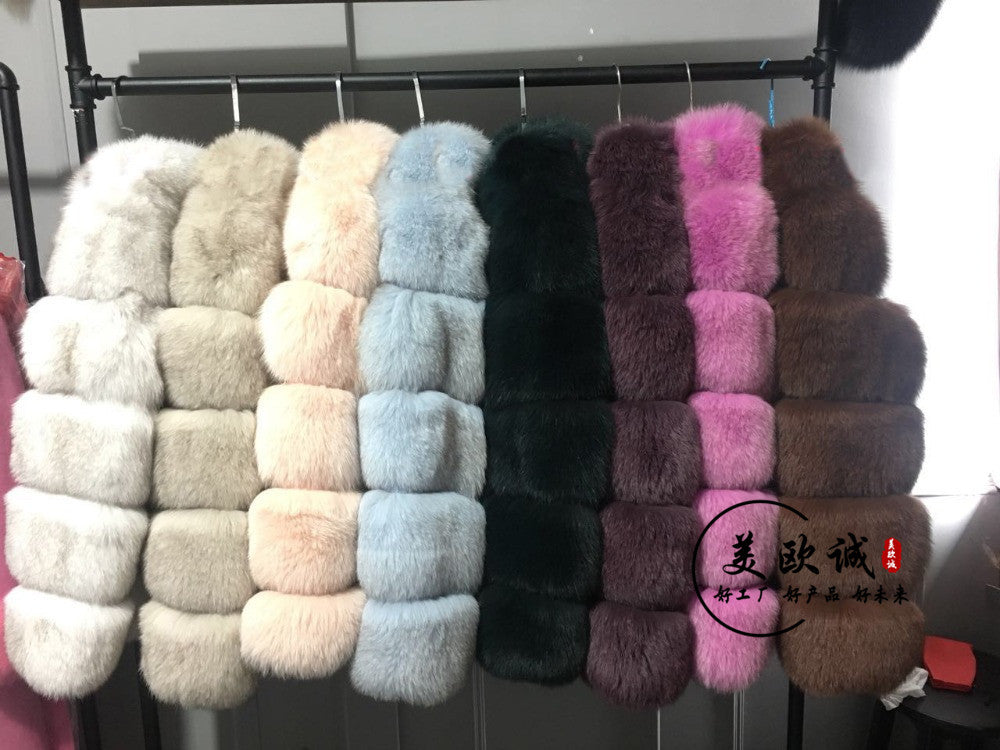 Haining Fur Manufacturer Wholesale Imitation Fox Fur Coat Long Sleeve Short Round Neck Belt Korean Style Cardigan For Women Plus Size