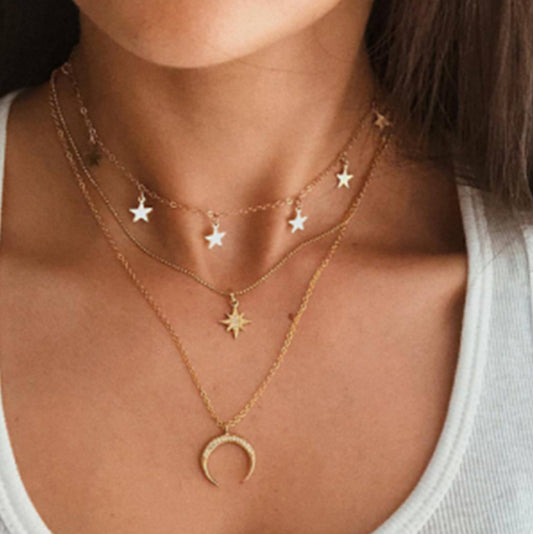 European And American New Five-pointed Star Pendant Creative Retro Simple Eight-pointed Star Crescent Three-layer Necklace