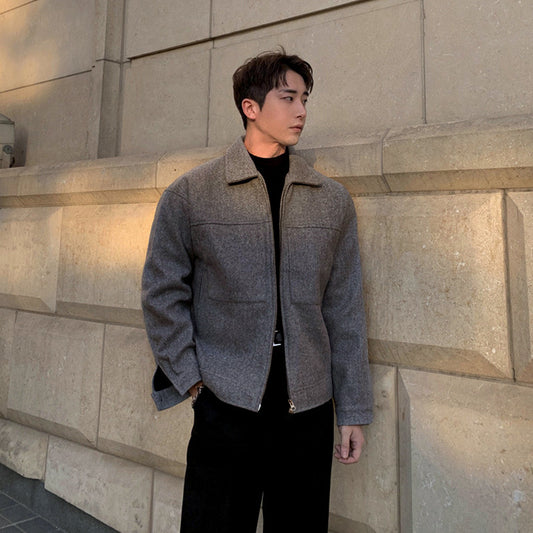 Spring And Autumn Men's Short Jacket Thickened Woolen Coat Korean Style Trendy Lapel Solid Color Light Luxury Top For Men