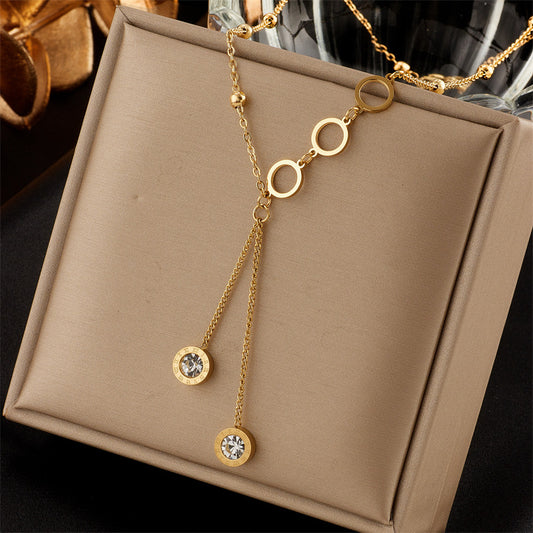 Long Tassel Diamond Circle Pendant Necklace