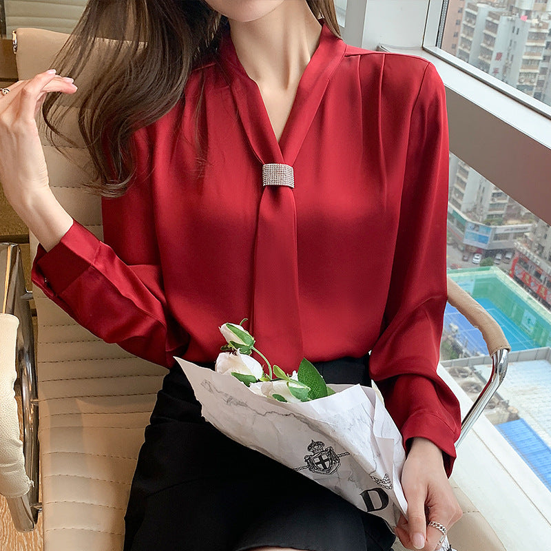 V-neck Wine Red Foreign Style Blouse