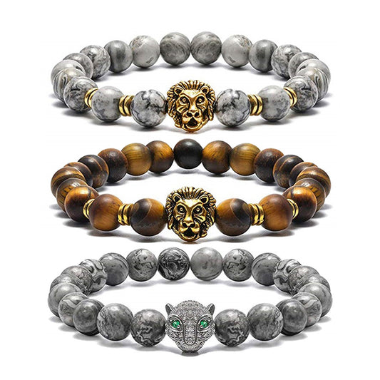 Tiger Eye Stone Lion Leopard Head Owl Bracelet Handmade Beaded Buddha Head Buddha Bead Bracelet