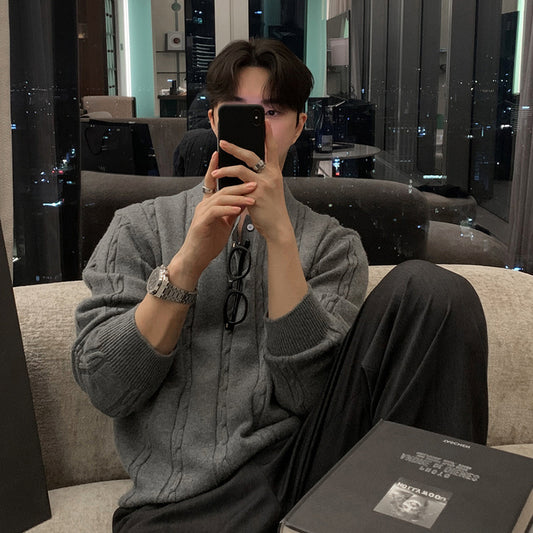 ASCLO Winter Warm Lapel Sweater Men's Korean-style Handsome High-grade Exquisite Hemp Pattern Pullover Top Loose