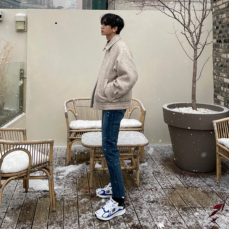 MYQ Short Woolen Jacket Men's Autumn And Winter New Korean Loose Fashionable Casual Plush Thickened Woolen Jacket