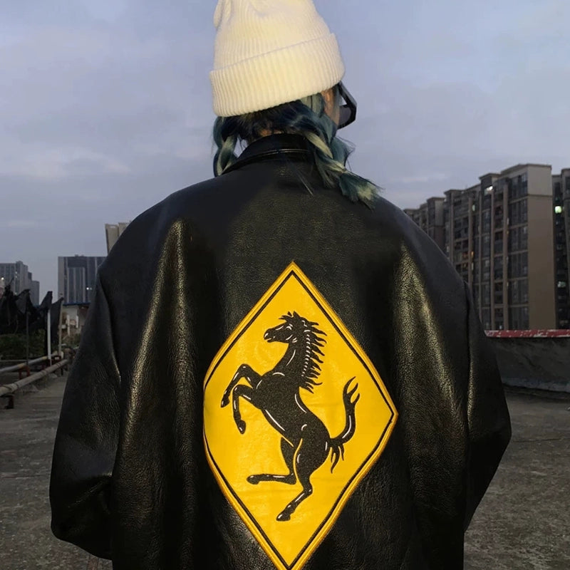 Hip Hop Men Bomber Jacket Motorcycle Embroidery Leather Coll