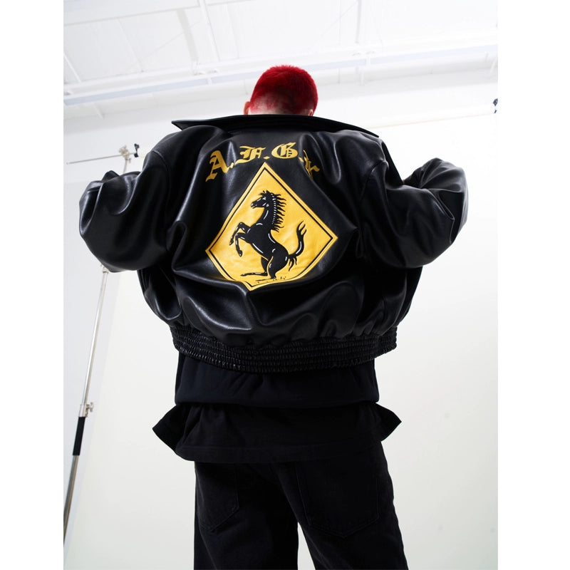 Hip Hop Men Bomber Jacket Motorcycle Embroidery Leather Coll