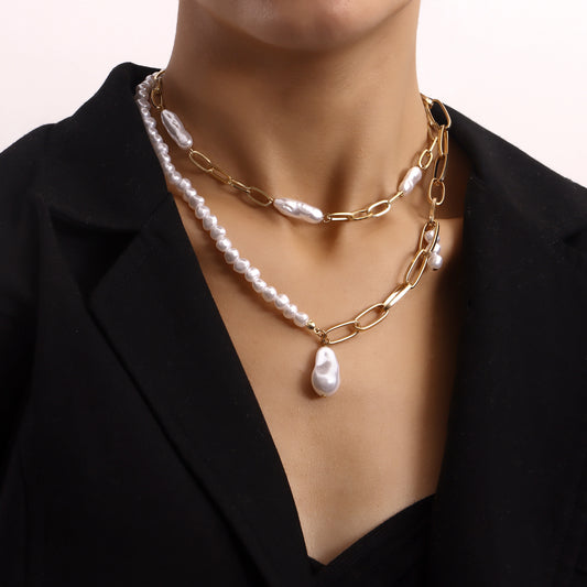 European And American Cross-border Jewelry Double-layer Paper Clip Chain Special-shaped Pearl Pendant Necklace Women's Trendy Small Fragrant Style Women's Necklace