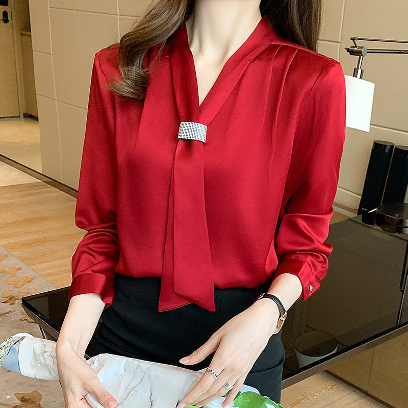 V-neck Wine Red Foreign Style Blouse