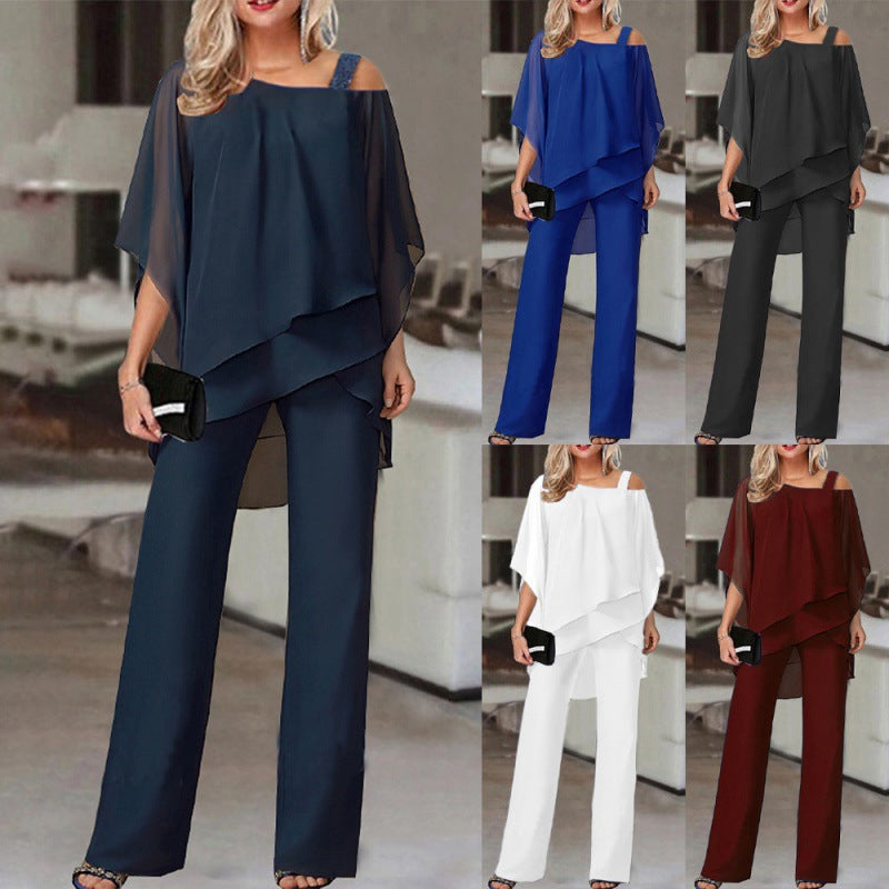 Women's Clothing New European And American Fashion Solid Color Loose Casual Batwing Sleeve Trousers Irregular Fashion Casual Suit