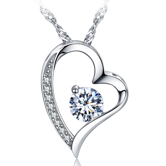 Emma Manor Heart Necklace 14K White Gold Plated Round Cut Cubic Zirconia Forever Lover Heart Pendant Necklace for Women Girls