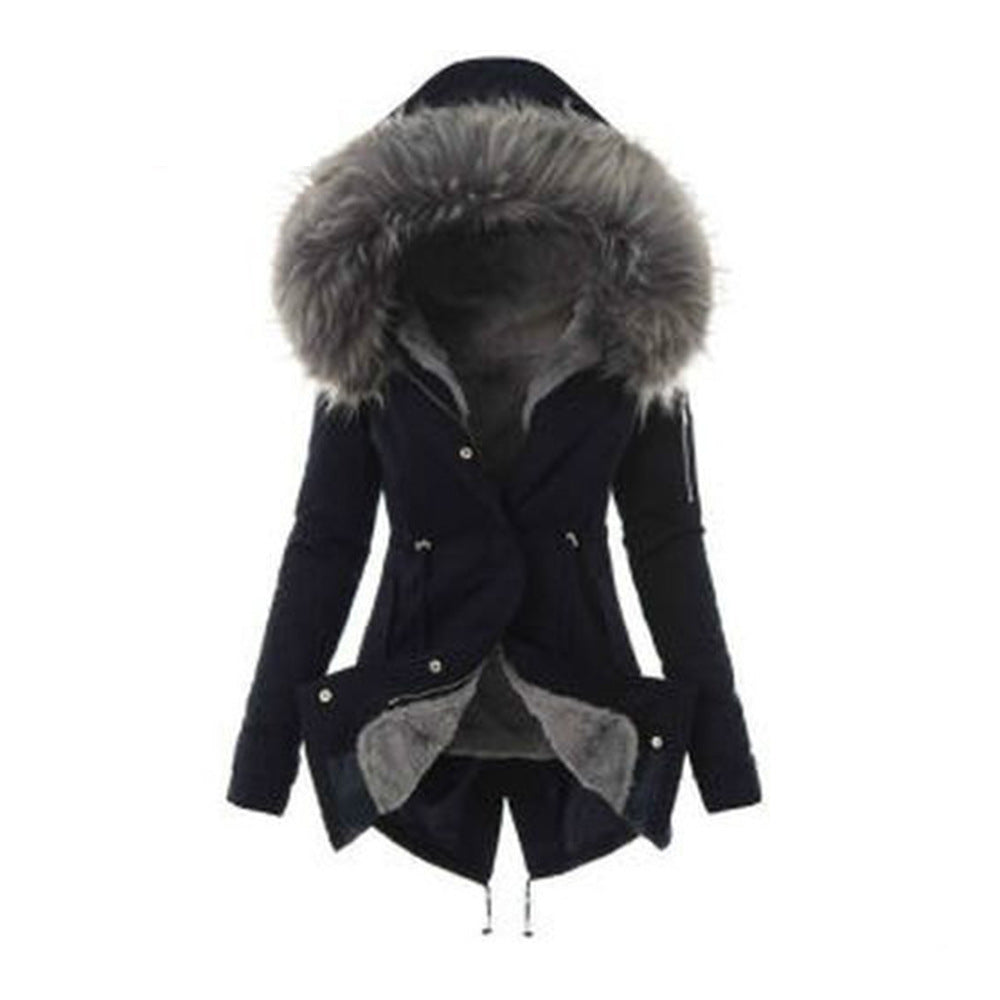 Women&#039;s Fur Collar Drawstring Solid Color Casual Warm Cotton Coat For Women
