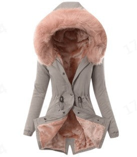 Women&#039;s Fur Collar Drawstring Solid Color Casual Warm Cotton Coat For Women