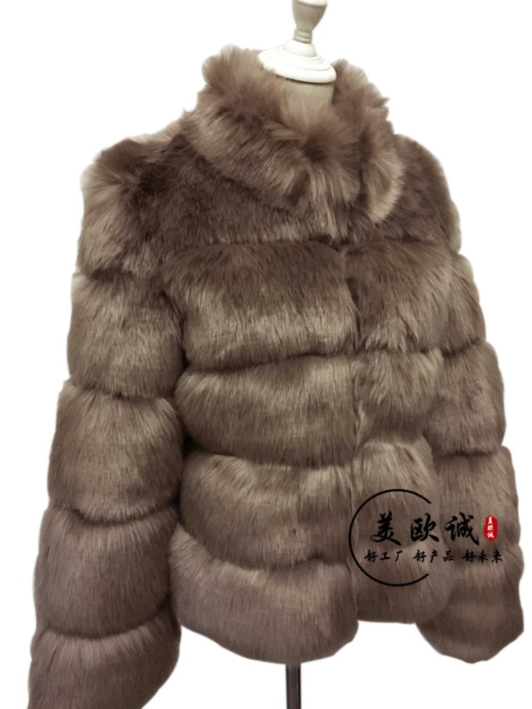 Haining Fur Manufacturer Wholesale Imitation Fox Fur Coat Long Sleeve Short Round Neck Belt Korean Style Cardigan For Women Plus Size
