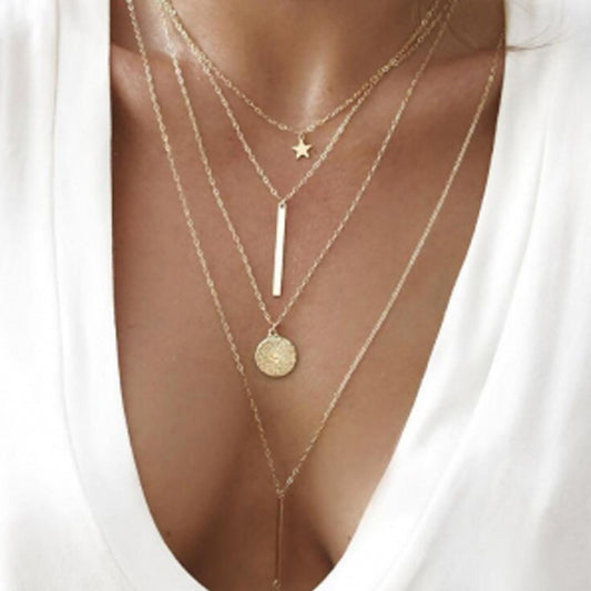 European And AmericanNew Product Five-pointed Star Disc Necklace Fashion Personality Multi-layer Necklace