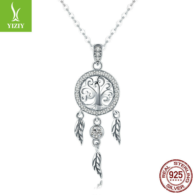 S925 Sterling Silver Life Tree Dreamcatcher Women&#039;s Diamond Necklace