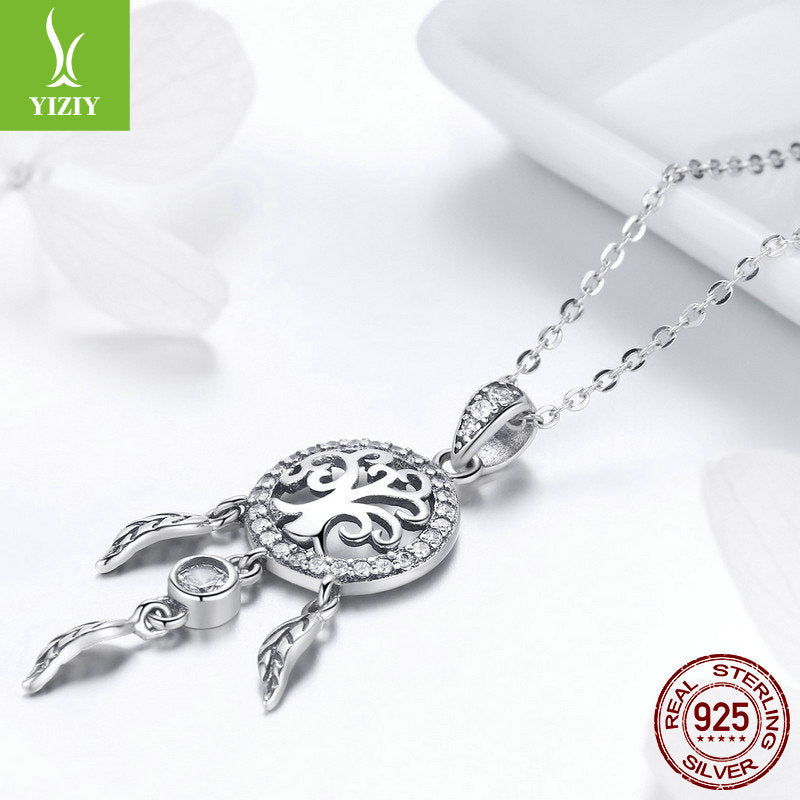 S925 Sterling Silver Life Tree Dreamcatcher Women&#039;s Diamond Necklace