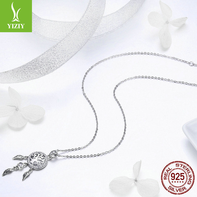 S925 Sterling Silver Life Tree Dreamcatcher Women&#039;s Diamond Necklace