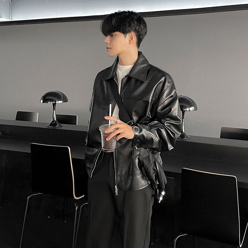 MYQ Superior Leather Jacket Men&#039;s Spring And Autumn Korean Style Loose Fashionable Workwear Lapel Motorcycle Leather Jacket