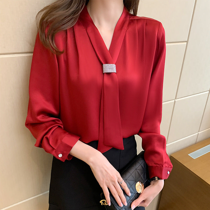 V-neck Wine Red Foreign Style Blouse