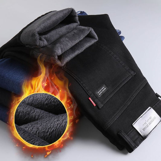 Winter Stretch Velvet Jeans Men&#039;s Black Thickened Loose Straight Youth Warm Belt Velvet Men&#039;s Pants Autumn And Winter