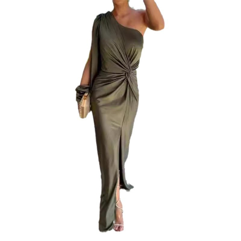 Hot Sale Summer New Inclined Shoulder Knot Split Solid Color Slim Fit Dress