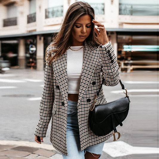 2021 Cross-border Foreign Trade Independent Station Autumn And Winter New Double-breasted Lapel Printed Plaid Temperament Small Suit For Women