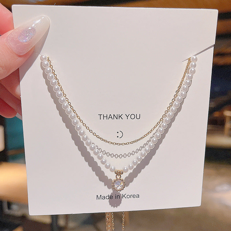 Design Double Titanium Steel Pearl Necklace Zircon Pendant