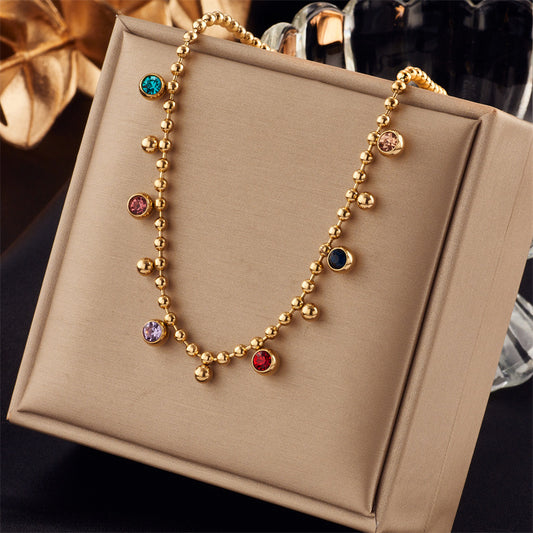 Multi Color Round Stones Titanium Steel Necklace