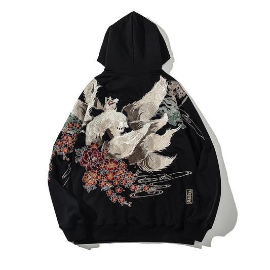 Men&#039;s Hoodie Sweater Chinese Style Full-width Embroidered Fox Men And Women Couples Pullover Round Neck Plus Fleece Jacket