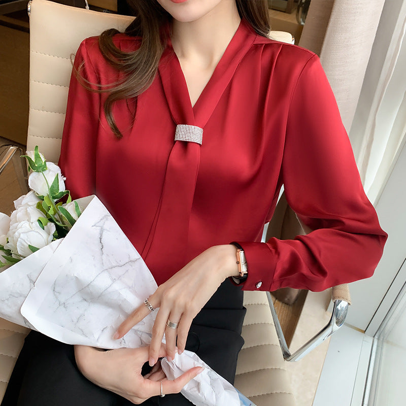V-neck Wine Red Foreign Style Blouse