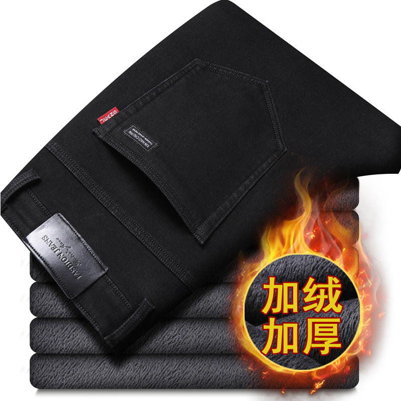 Winter Stretch Velvet Jeans Men&#039;s Black Thickened Loose Straight Youth Warm Belt Velvet Men&#039;s Pants Autumn And Winter