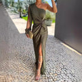 Hot Sale Summer New Inclined Shoulder Knot Split Solid Color Slim Fit Dress
