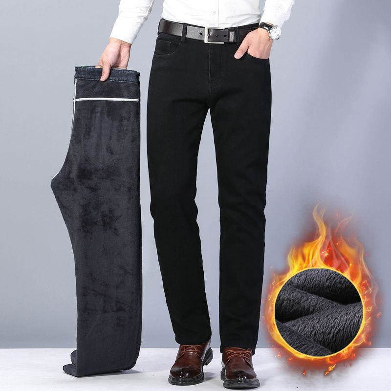 Winter Stretch Velvet Jeans Men&#039;s Black Thickened Loose Straight Youth Warm Belt Velvet Men&#039;s Pants Autumn And Winter