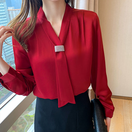 V-neck Wine Red Foreign Style Blouse