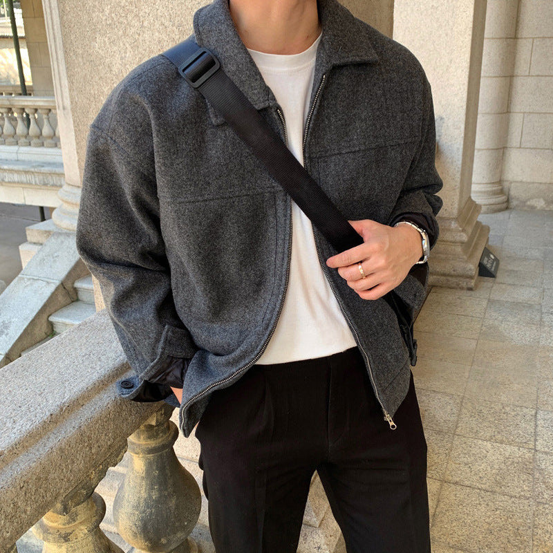 Spring And Autumn Men&#039;s Short Jacket Thickened Woolen Coat Korean Style Trendy Lapel Solid Color Light Luxury Top For Men