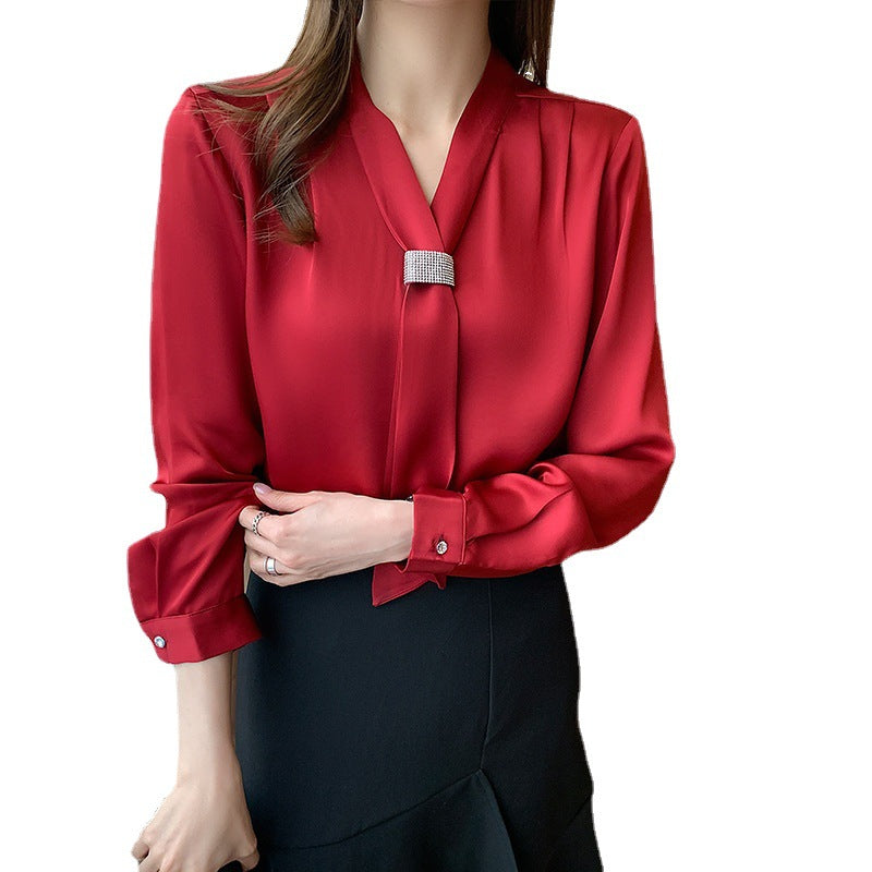 V-neck Wine Red Foreign Style Blouse