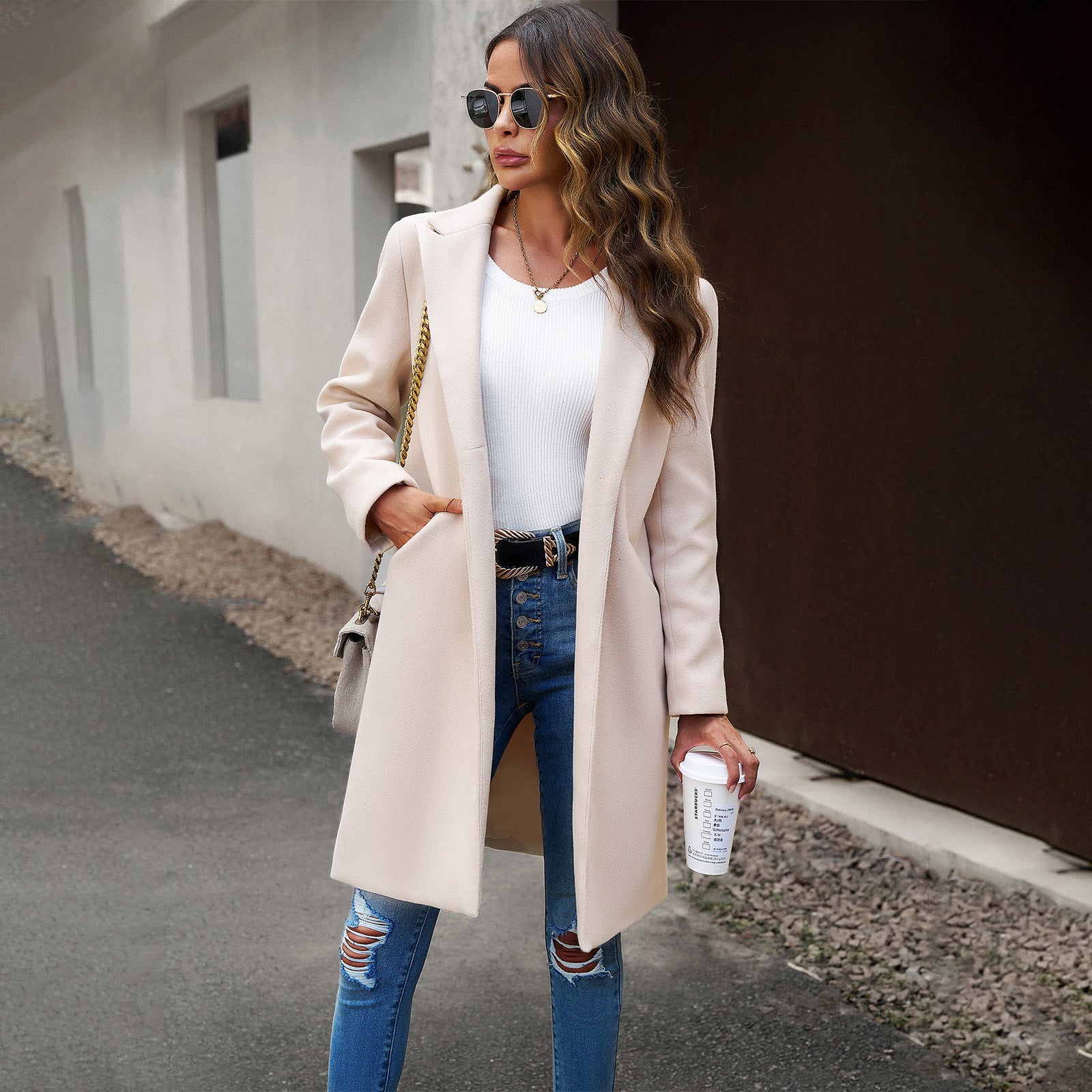 Diyun European And American Cross-border Amazon Woolen Coat 2023 Autumn And Winter Foreign Trade Solid Color Temperament Commuter Cardigan Coat