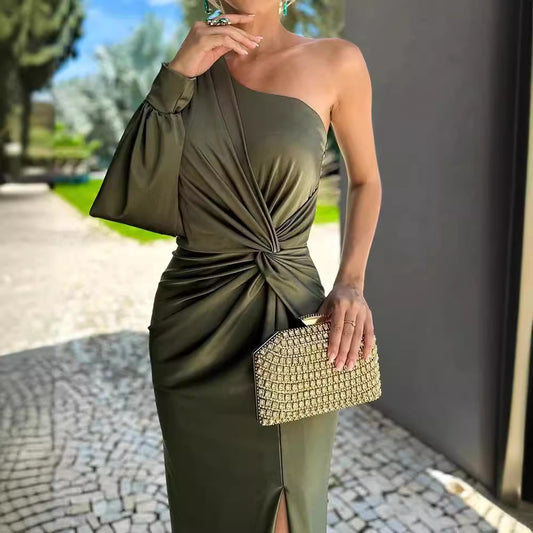 Hot Sale Summer New Inclined Shoulder Knot Split Solid Color Slim Fit Dress