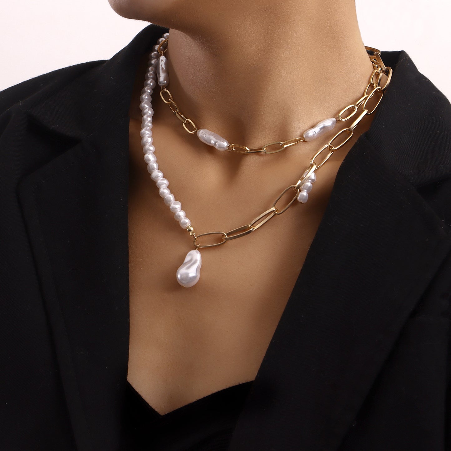 European And American Cross-border Jewelry Double-layer Paper Clip Chain Special-shaped Pearl Pendant Necklace Women&#039;s Trendy Small Fragrant Style Women&#039;s Necklace