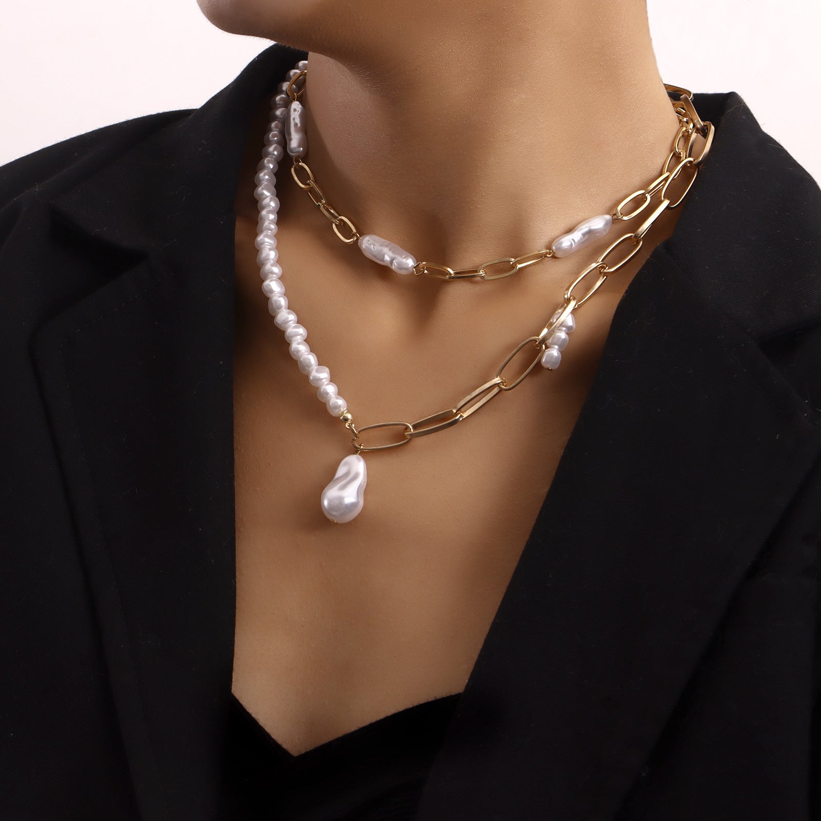 European And American Cross-border Jewelry Double-layer Paper Clip Chain Special-shaped Pearl Pendant Necklace Women&#039;s Trendy Small Fragrant Style Women&#039;s Necklace