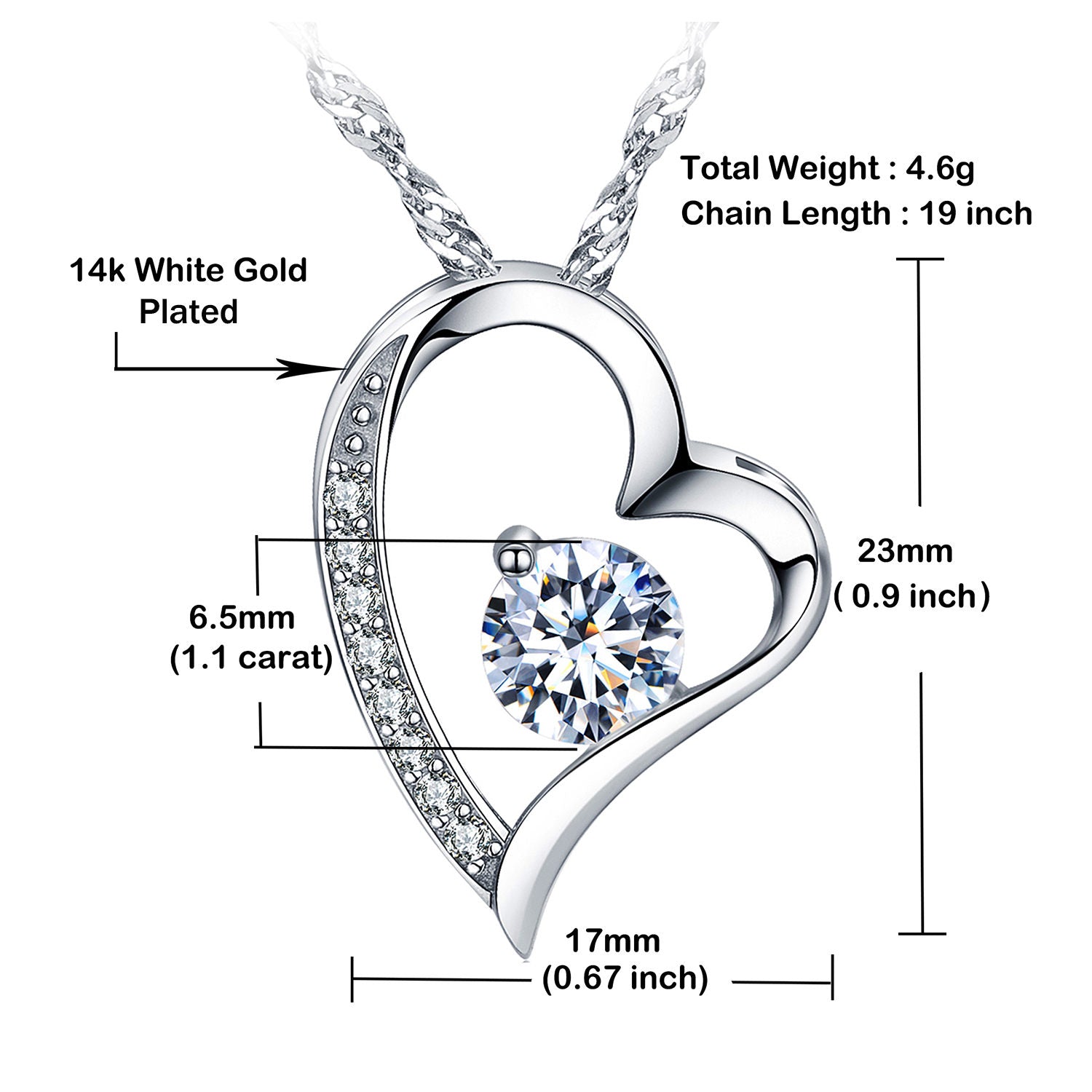Emma Manor Heart Necklace 14K White Gold Plated Round Cut Cubic Zirconia Forever Lover Heart Pendant Necklace for Women Girls